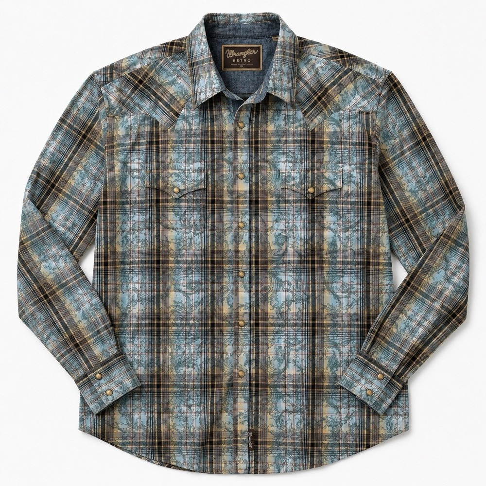 Wrangler Retro Premium Western Pearl Snap Shirt Mens XXL Teal Plaid Paisley